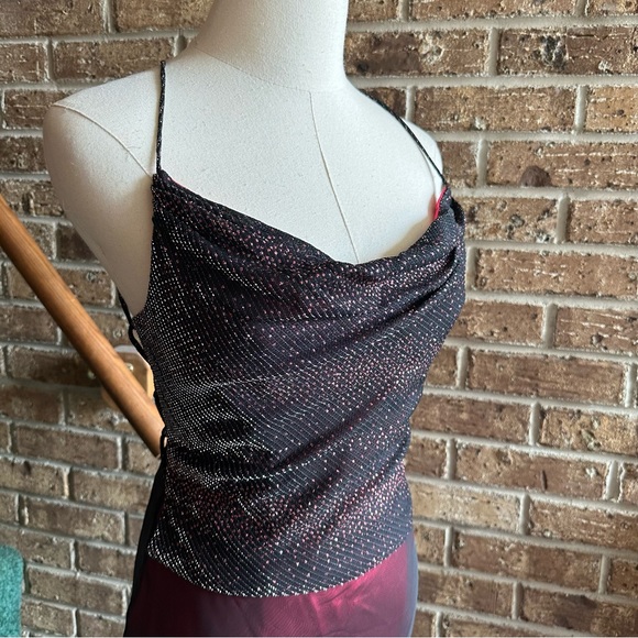 VTG 90s Sparkly 2 Pc Lace Up Back Cowl Neck Top & Mesh Overlay Skirt Formal Set - Picture 2 of 14